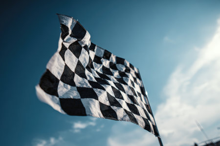 A checkered flag waves gracefully against a bright blue sky, captured in motion with natural sunlight. The minimal and elegant composition highlights its cinematic clarity.の素材