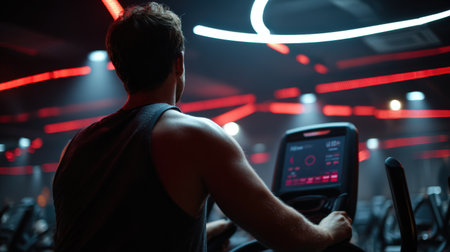 A man works out on an elliptical trainer in a dimly lit fitness studio. Red accent lighting and digital feedback on the screen create a modern, high-tech atmosphere.の素材