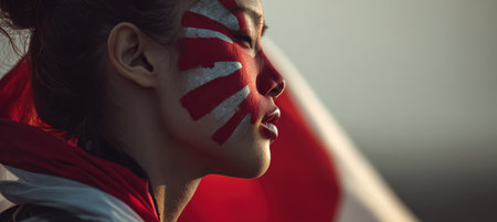 A Japanese supporter with red sun face paint and a flag draped over their shoulders, captured in soft morning light. The minimalist composition and serene expression convey a cinematic calm.の素材
