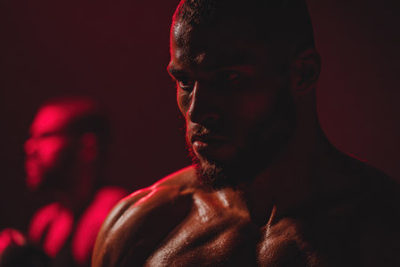 A focused boxing athlete shadowboxes under dramatic red gym lighting, displaying an intense expression. A coach watches attentively from the corner of the ring, enhancing the scene's intensity.の素材