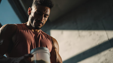 A male athlete with a focused expression scoops protein powder from a container in a modern gym. The interior features dynamic shadows, highlighting the athlete's dedication to fitness.の素材