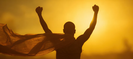 Silhouette of a runner with fists raised, backlit by a golden sunrise. The image symbolizes personal victory, achievement, and growth, capturing a moment of triumph.の素材