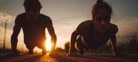 A male and female athlete perform synchronized mountain climbers on an outdoor track at sunrise, creating dramatic rim lighting. The scene captures the essence of morning fitness.の素材