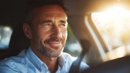 A middle-aged man with short brown hair and a trimmed beard smiles while driving a car. He wears a light blue button-up shirt, with sunlight streaming through the windshield.の素材