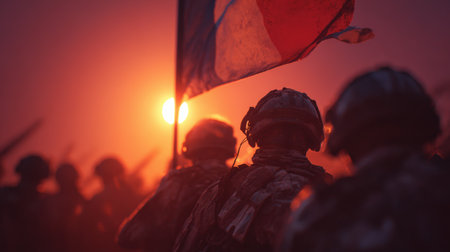 French soldiers lower their flag at twilight, with reflections of the tricolor visible on their helmets. The scene captures a quiet, honorable moment with cinematic realism and lens flare.の素材
