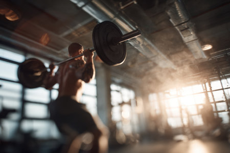 A muscular man lifts a heavy barbell in a modern gym with industrial design. Large windows allow natural light to stream in, highlighting his intense effort and focus.の素材