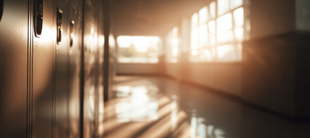 Soft-focus image of a school hallway featuring lockers and sunlight streaming through large windows. Ideal for website or banner backgrounds, creating a warm and inviting atmosphere.の素材