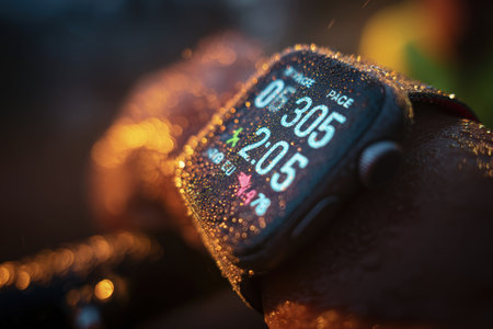A detailed close-up of a smartwatch screen covered in sweat, showing digital pace and distance stats as a cyclist completes a ride. The image captures the essence of fitness technology.の素材