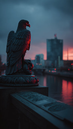 A German eagle statue is silhouetted against the Berlin skyline during twilight. The scene features glowing flag colors reflecting on the statue, creating a moody architectural close-up.の素材