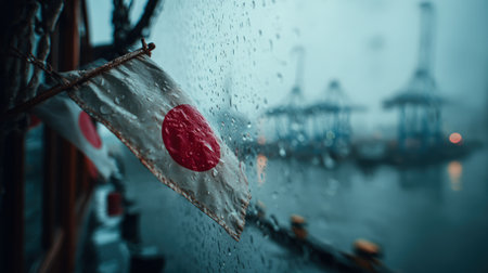 A Japanese flag is captured during a rainstorm at Yokohama port, showcasing soft reflections on wet surfaces. The image conveys a minimalist and moody atmosphere with photographic realism.の素材