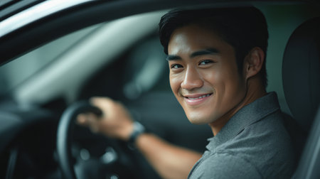 A young Asian man with tan skin and neatly combed black hair smiles while adjusting the dashboard controls in a sleek sedan. Captured in cinematic, clean photography style.の素材