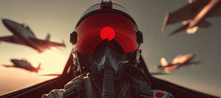 A pilot's visor reflects the Japanese flag against a backdrop of planes flying in motion during sunrise. The scene captures minimalist cinematic realism with a focus on aviation.の素材
