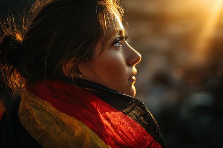 A German fan gazes proudly at the flag, enveloped in golden hour lighting. The cinematic composition captures a moment of reflection and national pride.の素材