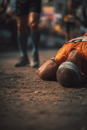 A marathon runner collapses on the ground, covered in dirt, experiencing exhaustion and emotional release after completing the race. The image captures the raw intensity of the moment.の素材