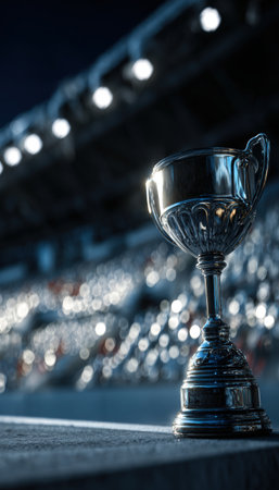 A close-up image of a shiny sports trophy on a podium, featuring dramatic lighting and reflections. The background shows blurred stadium seats, adding depth and focus to the trophy.の素材