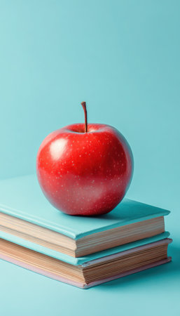 A vibrant red apple sits atop two stacked books, isolated against a pastel blue background. The image features soft studio lighting, highlighting the clean and minimalistic composition.の素材