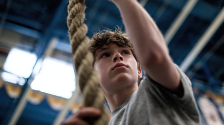 A teenage boy climbs a rope in a school gym during PE class, captured from a strong upward angle. His expression shows determination and focus, highlighting physical education.の素材
