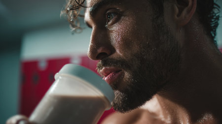 Close-up of a muscular man drinking a post-workout protein shake in a gym locker room. Sweat glistens on his forehead under casual, natural lighting, capturing a moment of fitness recovery.の素材