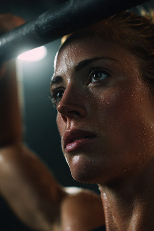 Close-up image of a female athlete gripping a pull-up bar, sweat glistening on her skin. A soft spotlight highlights her arms and upper body against a dark, blurred background.の素材