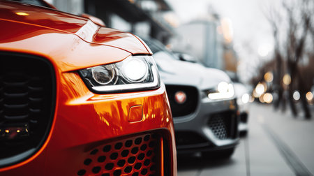 A row of new sports cars with sharp headlights and aggressive grilles is showcased in a dealership. The blurred cityscape in the background adds a cinematic and vibrant contrast.の素材
