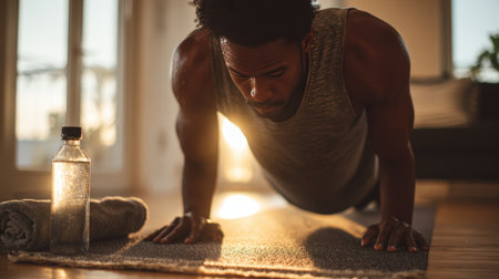 A man in sportswear performs push-ups in a minimalist home setting. A water bottle and towel are beside him, illuminated by warm morning light streaming through a window.の素材
