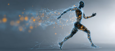 A modern digital health tracking interface floats over a semi-transparent, abstract human silhouette in motion. The design highlights connectivity and futuristic health technology.の素材