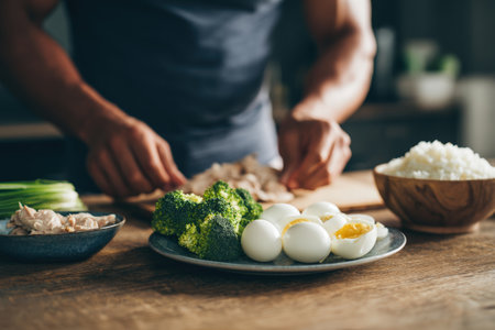 A male fitness influencer prepares a balanced post-workout meal featuring boiled eggs, chicken, broccoli, and rice. The ingredients are neatly arranged on a wooden table.の素材