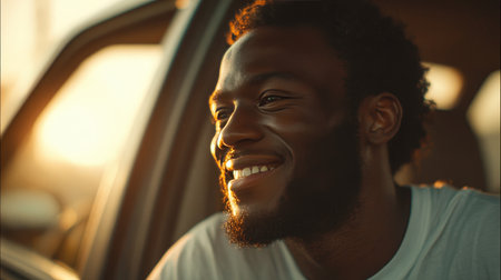 A young man with short curly hair and a trimmed beard enjoys tuning the radio in a modern SUV. Golden sunlight streams through, creating a warm and joyful atmosphere.の素材