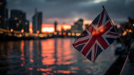 The British flag waves above the Thames River in London, capturing a cinematic scene with sunset reflections and city lights. The image exudes a moody elegance and balanced composition.の素材