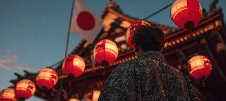 A low-angle view of a Japanese flag and glowing lanterns during a temple festival at twilight. A person in traditional clothing adds to the cultural richness of the scene.の素材