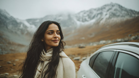 A young woman with long black hair and warm brown skin stands by her car, wearing a cream kurta and modern jacket, enjoying a scenic mountain landscape.の素材