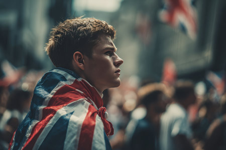 A young British fan stands with a Union Jack flag draped over his shoulders, exuding quiet determination. The crowd behind is softly blurred, creating a cinematic atmosphere.の素材