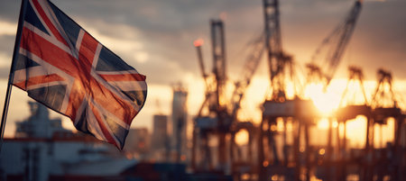 The British flag waves in the golden sunset light, set against a backdrop of cranes and the London skyline. This cinematic industrial landscape captures the essence of urban Britain.の素材