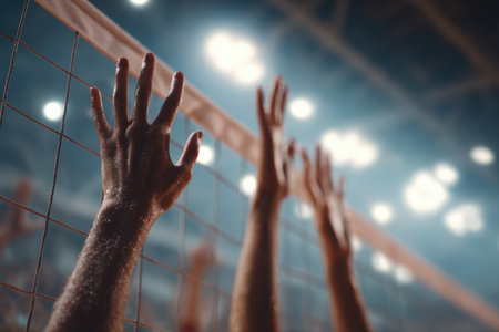 Close-up image of volleyball players' hands forming a block above the net, highlighting the intensity and tension in their fingers under indoor court lighting.の素材