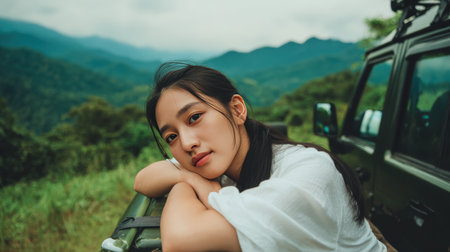 A young Asian woman with tan skin and black hair in a ponytail leans on her car, enjoying a serene view of green valley mountains under soft daylight.の素材
