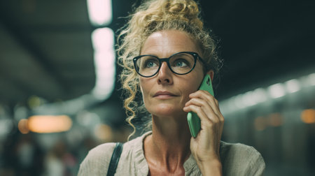 Middle-aged woman with curly blonde hair and black-rimmed glasses holds a mint green smartphone to her ear while standing in a subway station, wearing a casual linen shirt.の素材