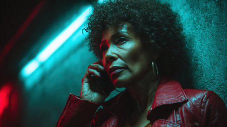 Middle-aged woman with curly afro hair, stylishly dressed in a red leather jacket, talks anxiously on the phone in a dim urban subway tunnel with neon lights reflecting on the walls.の素材