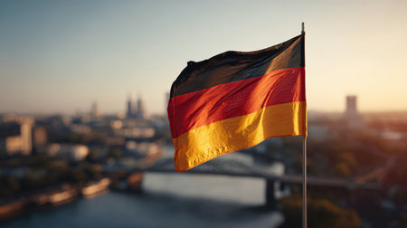 The German national flag flutters in the warm light of golden hour, set against a softly focused cityscape and bridge. The vivid colors and dynamic composition create cinematic realism.の素材