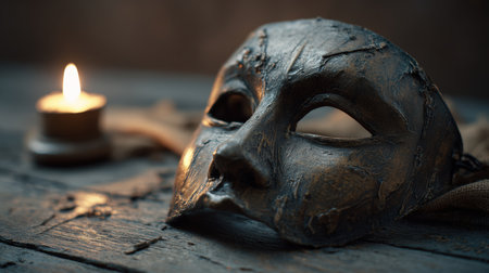 A spooky Halloween mask rests on an old wooden table, illuminated by the warm glow of a nearby candle. The scene creates a cinematic and eerie atmosphere perfect for Halloween.の素材