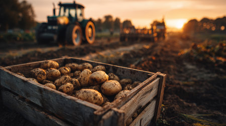 Freshly harvested potatoes fill a wooden box on an open field, with a tractor and crops in the background. The warm orange sunset casts a glow, capturing the essence of rural farming.の素材