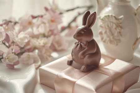 Close-up of a gourmet chocolate Easter bunny in a satin-wrapped gift box. The background features soft pastel tones and delicate flowers, creating a luxurious and festive atmosphere.の素材