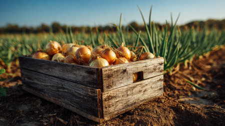 A rustic wooden box filled with golden onions sits on farmland under a clear blue sky. Rows of onion plants stretch behind, creating a warm, cinematic countryside atmosphere.の素材
