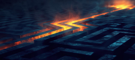 A dark labyrinth with a single glowing path symbolizes finding strategic solutions amidst complex challenges. The illuminated path represents clarity and direction in business.の素材