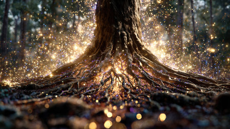 Fantasy depiction of a tree with radiant roots connecting to the earth, surrounded by glowing particles. Captures the essence of magical life energy in a detailed cinematic composition.の素材