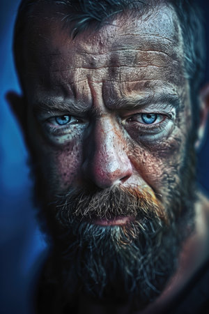 Close-up portrait of a bearded man with a focused expression against a deep blue background. His eyes convey determination, enhanced by subtle shadows for dramatic effect.の素材