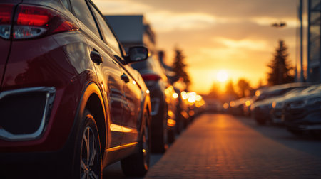 A fleet of new cars is showcased in a dealership lot, with warm sunset tones highlighting their glossy exteriors. The cinematic perspective and shallow depth of field add drama.の素材