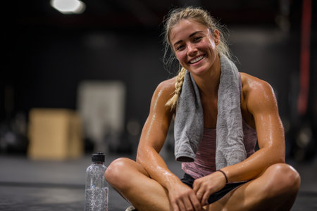 A female athlete smiles after completing a challenging HIIT bodyweight workout. She is seated on a mat, with a towel around her neck and a water bottle nearby, visibly sweating.の素材
