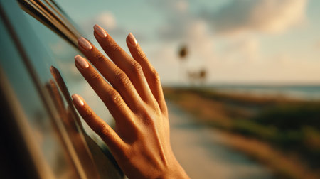 A Latina woman's hand with painted nails playfully waves outside a car window during golden hour on a tropical road, capturing a cinematic lifestyle vibe in summer.の素材