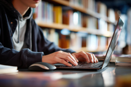 A high school student types on a Chromebook in a library, using a wireless mouse. The focused workspace and academic atmosphere highlight a photorealistic study environment.の素材