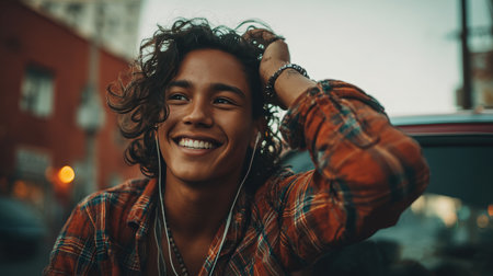 A young man with wavy hair and a joyful smile adjusts a music system while parked in a lively urban neighborhood. He wears a casual plaid shirt, capturing a candid moment.の素材